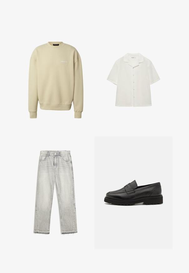 Beige geripptes Sweatshirt mit langen Ärmeln und Rundhalsausschnitt, mit kleinem weißen "PEGADOR"-Logo auf der linken Brust.; Weißes Hemd mit kurzen Ärmeln und einem breiten Kragen, präsentiert vor einem einfarbigen weißen Hintergrund.; Hellgraue Jeans aus Denim mit leicht gefärbtem Finish, geradem Schnitt, fünf Taschen-Design und ausgefranstem Saum. Flacher Bund mit Gürtelschlaufen.; Schwarze Lederloafer mit runder Zehenpartie, genähten Details und einer dicken, strukturierten Sohle. Verfügt über ein schlankes, minimalistisches Design.