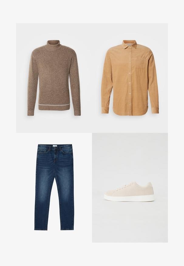 INDICODE JEANS Pullover - otter; Scotch & Soda REGULAR FIT SHIRT - Chemise - tannin; Jean slim-fit bleu foncé avec des détails délavés, design classique à cinq poches, fermeture à bouton et passants de ceinture.; Baskets en daim beige avec semelles en caoutchouc blanc, bout rond et six œillets pour les lacets. Texture lisse avec un design minimaliste.