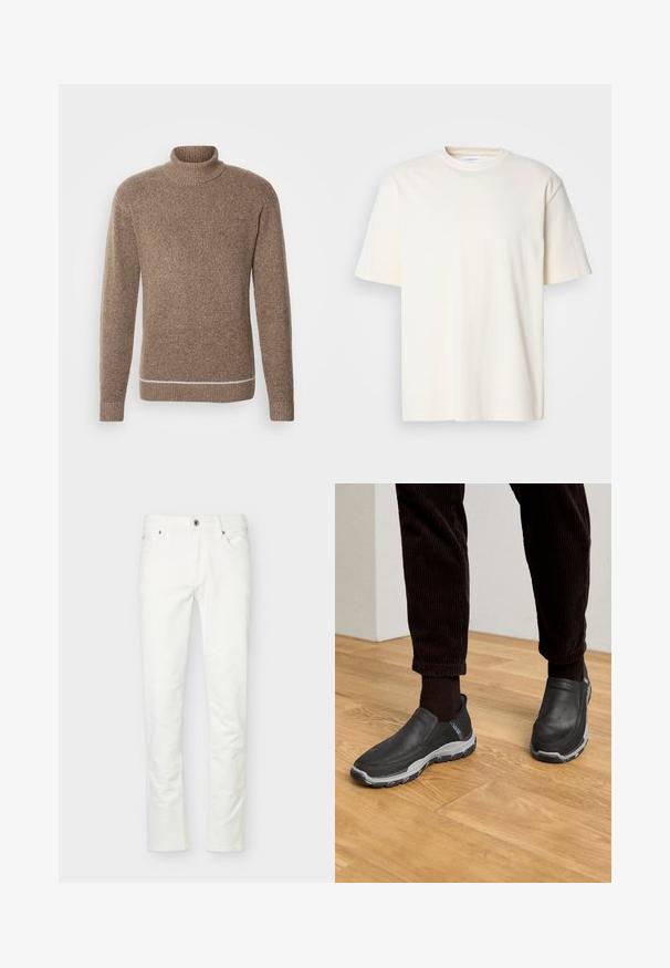 INDICODE JEANS Jersey de punto - otter; Camiseta de cuello redondo de manga corta en color blanco roto, diseño unisex, exhibida sobre un fondo gris neutro.; Vaqueros blancos de corte ajustado con cierre frontal de botón y cremallera, cinco bolsillos y trabillas para cinturón, mostrados sobre un fondo claro y sencillo.; Zapatos negros sin cordones con parte superior de cuero texturizado y una suela de goma gris, sobre un suelo de madera y pantalones de pana.