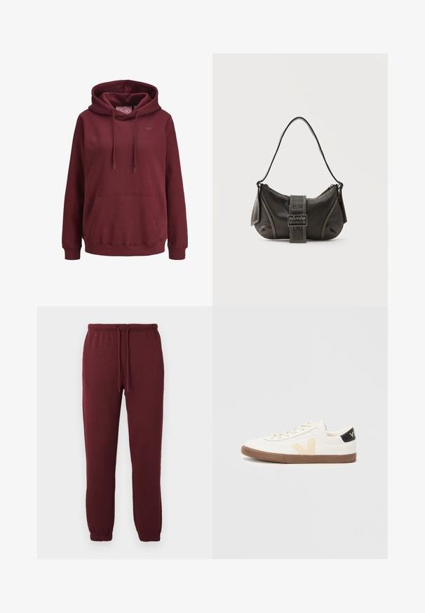 Bordeaux hoodie lavet af blødt stof med en front kangaroo-lomme, justerbare snore og et lille logo på brystet.; Bordeaux joggingbukser med elastisk talje, snor, sidelommer og elastiske manchetter mod en ensfarvet hvid baggrund.; Hvide sneakers lavet af glat syntetisk materiale, med et beige V-logo, lysbrun gummisål og sorte hælaccenter.; Sort læder skuldertaske med spænde på remmen, afrundede kanter og kontrasterende hvide syninger på en ensfarvet baggrund.