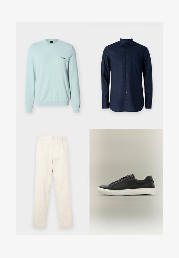 Suéter de punto de manga larga azul claro con cuello redondo, puños acanalados y logo "BOSS" bordado en el pecho izquierdo.; Camisa de manga larga azul marino de algodón, con diseño abotonado, cuello puntiagudo y botones negros en el frontal.; Chinos de algodón color beige claro con un diseño de pierna recta, que presentan un cierre de botón y dos bolsillos laterales. Textura suave sin patrones visibles.; Zapatilla negra de perfil bajo con suela de caucho blanca y cordones negros, mostrada de perfil contra un fondo neutral.