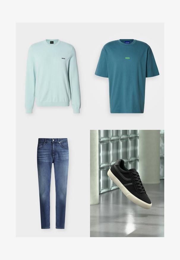 Lyseblå langærmet striktrøje med rund hals, ribstrikkede manchetter og "BOSS" logo broderet på venstre bryst.; Blågrøn bomuld T-shirt med løs pasform, rund halsudskæring og korte ærmer. Har en grøn "HUGO"-logo på brystet. Enkel design og glat tekstur.; Herre slim fit blå denim jeans med klassisk fem-lommer stil og let falmning på lår og knæ, knap- og lynlås lukning.; Sort lavt sneakersko med hvid sål og snørebånd, mærket "BOSS", svævende indendørs nær glasblokvinduer og betonpiller.