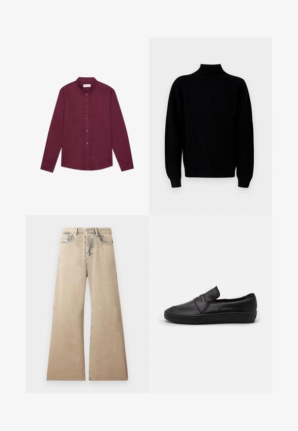 Sort ribbestrikket sweater med lange ærmer og høj mock neck krave, præsenteret på en hvid baggrund.; Langærmet skjorte i dyb bourgogne, lavet af bomuldsblanding. Har klassisk krave, frontknaplukning og en subtil glans.; Beige brede jeans med falmet tekstur, fem-lomme design og syet detaljering langs sømmene. Midjebåndet har en traditionel knaplukning.; Sorte slip-on sko lavet af glat læder, med et syet design foran og en struktureret gummisål for godt greb.