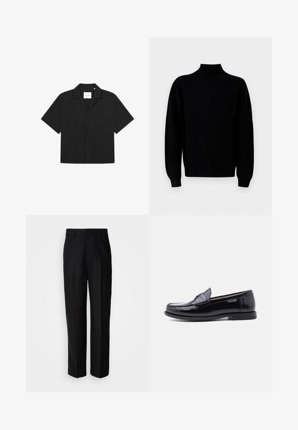 Sort ribbestrikket sweater med lange ærmer og høj mock neck krave, præsenteret på en hvid baggrund.; Sort kortærmet skjorte med knaplukning, flad krave, glat tekstur og subtilt mønster på stoffet, mærket "LES DEUX" indvendigt.; Sorte bukser lavet af glat stof, med lige ben, flad front og bæltestropper, præsenteret mod en ensfarvet baggrund.; Sorte læderloafer med en blank finish, der har et syet mønster på tåen og en lav, tekstureret sort gummisål.