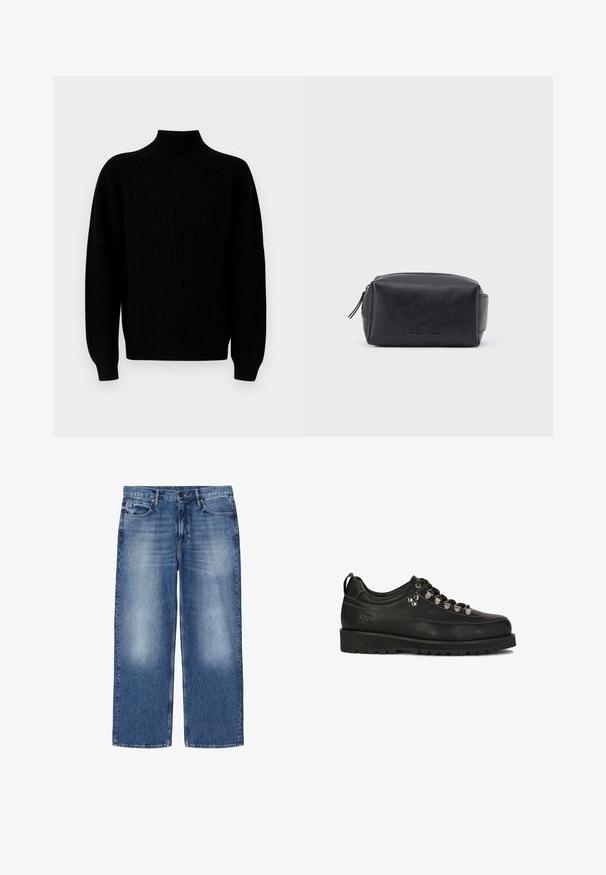 Schwarzer gerippter Strickpullover mit langen Ärmeln und hohem Stehkragen, auf einem weißen Hintergrund präsentiert.; Hellblaue, ausgewaschene Straight-Leg-Denim-Jeans mit fünf Taschen und Knopfverschluss, flach auf weißem Hintergrund dargestellt.; Kazar Studio KS BLAISE - Sportlicher Schnürer - black; Schwarze, rechteckige Leder-Kosmetiktasche mit Reißverschluss und geprägt eingraviertem Markennamen auf der Vorderseite, vor einem schlichten weißen Hintergrund.