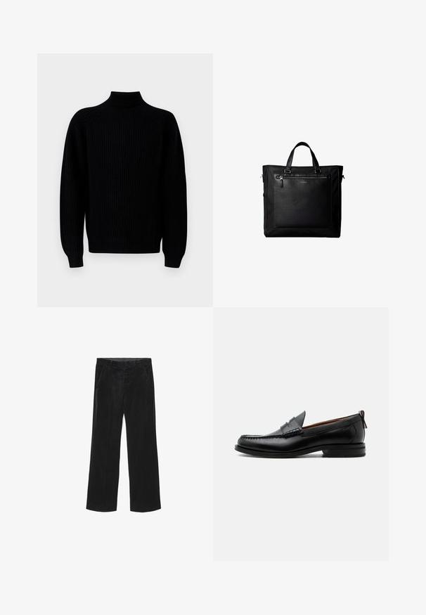 Sort ribbestrikket sweater med lange ærmer og høj mock neck krave, præsenteret på en hvid baggrund.; Sorte, brede fløjl bukser med en glat tekstur, der har to forlommer og et tætsiddende taljebånd.; Sort læder herre loafer med moc-tå syning, penny strop, struktureret krave og lav stablet hæl på hvid baggrund.; Sort taske med dobbelte håndtag, stor læderlomme foran med lynlås og diskret Calvin Klein-logo midt på lommen.