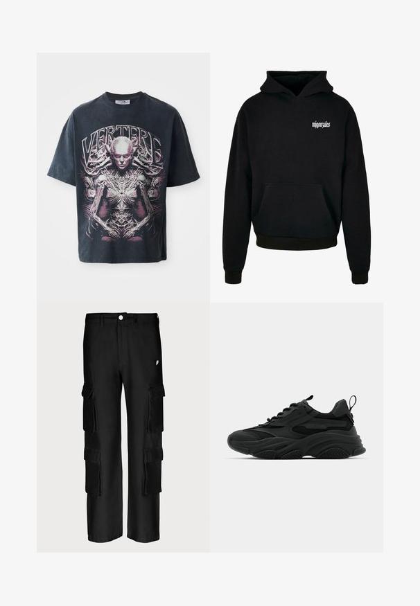 Sudadera negra hecha de tejido suave, con un bolsillo tipo canguro y capucha ajustable con cordones. En la parte delantera tiene un logo en texto blanco con una fuente estilizada.; Camiseta gráfica negra de algodón, con un gran diseño en rosa y blanco de una figura humanoide con detalles intrincados y el texto "VERTERE."; Pantalones cargo negros con un corte holgado, múltiples bolsillos laterales, cierre de botón y una textura de tela suave.; Zapatillas deportivas negras con una suela gruesa, paneles de malla y acentos de goma. Cuentan con una lengüeta en el talón y patrones texturizados.