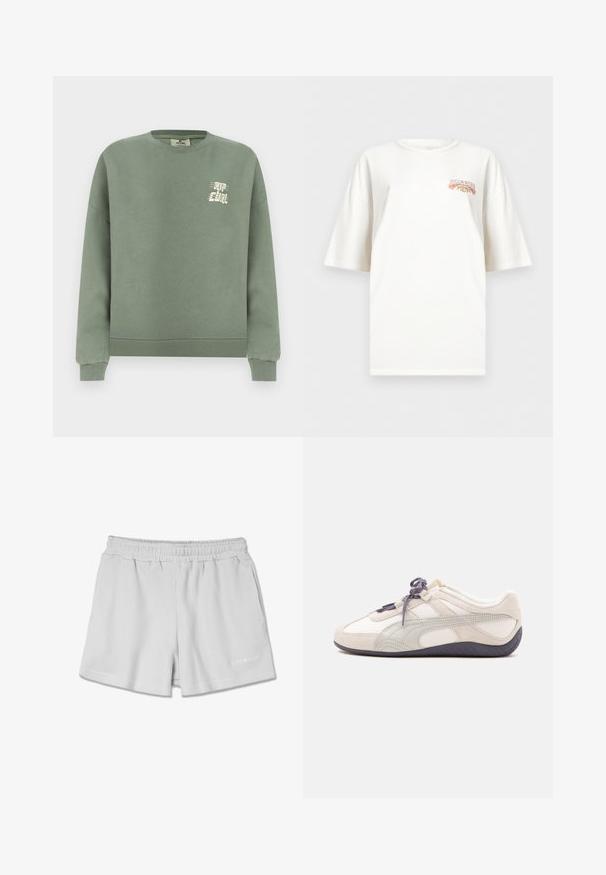 Sudadera verde de cuello redondo con puños y dobladillo acanalados, que presenta un pequeño logo gráfico blanco en el lado izquierdo del pecho.; Camiseta blanca de manga corta y corte oversized con pequeño logo "Billabong 1973" en naranja y marrón en la parte superior izquierda del pecho.; Pantalones cortos de canalé gris claro con una cinturilla elástica, que presentan dos bolsillos laterales y un pequeño logo blanco en la parte inferior derecha.; Zapatilla baja blanca y beige con cordones y suela gris oscuro, detalles de ante y un diseño suave y curvado sobre un fondo sencillo.