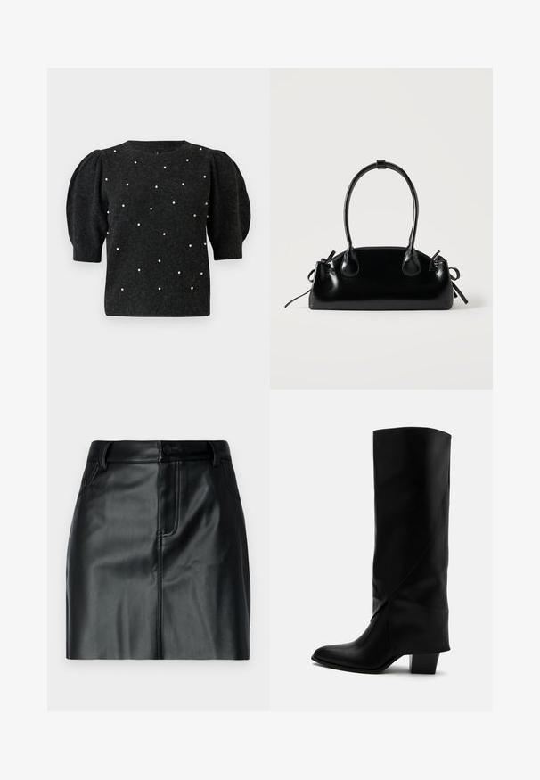 Pull en maille noir avec des manches bouffantes et un col en V. Décoré d'accents en perles blanches répartis uniformément sur le devant.; Jupe courte en cuir noir avec une texture lisse, une taille avec une fermeture à bouton et des poches avant avec des détails cousus.; Botte haute en cuir noir avec couture inclinée, bout pointu et talon épais de taille moyenne sur fond blanc.; Petit sac à main noir brillant avec deux longues anses et des détails à cordon sur les côtés sur un fond clair uni.