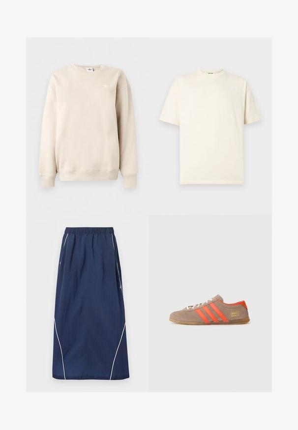 Beiger Sweatshirt mit Rundhalsausschnitt und langen Ärmeln, mit gerippten Bündchen an Ärmeln und Saum, mit kleinem weißem Adidas Trefoil-Logo auf der linken Brust.; Cremeweißes Baumwoll-T-Shirt mit kurzen Ärmeln, Rundhalsausschnitt und kleinem Logo auf der Vorderseite. Einfaches Design, weiche Textur und lockere Passform.; Marineblaue lange Rock mit elastischem Bund und weißen Paspeldetails entlang der Seiten und unteren Kanten.; Braune Wildleder-Sneaker mit drei leuchtend orangefarbenen Streifen, Schnürung vorne und goldenem "Gazelle"-Branding an der Seite. Flache Gummisohle.