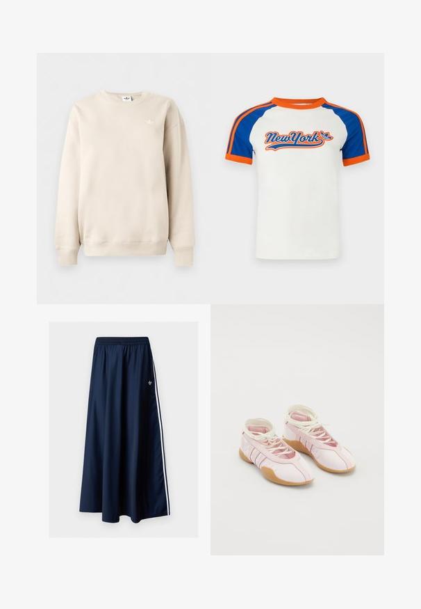 Beige langærmet sweatshirt med rund hals og ribbet manchetter og kant, med lille hvid Adidas trefoil-logo på venstre bryst.; Hvid T-shirt med korte ærmer, blå raglanærmer og orange detaljer, med et "NewYork"-motiv i stiliseret bogstavdesign på forsiden.; Marineblå maxi nederdel med elastisk talje, to hvide sidelister og en lille hvid Adidas-logo på venstre side.; Lyserøde lærredssko med en blød overflade, der har snørebåndsdesign og en gummisål. Dekorative detaljer og tre striber på siden.