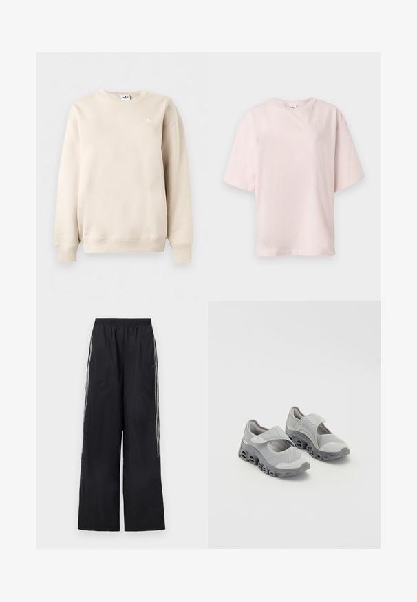 Beiger Sweatshirt mit Rundhalsausschnitt und langen Ärmeln, mit gerippten Bündchen an Ärmeln und Saum, mit kleinem weißem Adidas Trefoil-Logo auf der linken Brust.; Hellrosa T-Shirt mit kurzen Ärmeln, Rundhalsausschnitt und dezent eingesticktem Adidas-Logo auf der oberen linken Brustseite.; Schwarze, weit geschnittene Trainingshose mit elastischem Bund und drei weißen Streifen an jeder Seite der Beine.; Grau Schuhe aus leichtem Material mit einem Oberteil aus Netzgewebe und einer gepolsterten Zwischensohle. Besitzt einen Klettverschluss und eine abgerundete Zehe mit einem durchbrochenen Sohlen-Design.