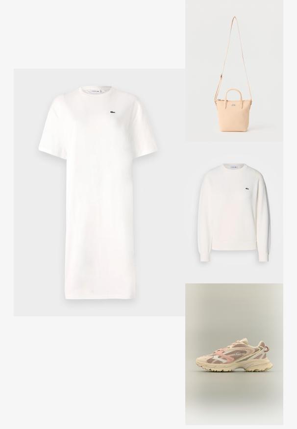 Sudadera blanca hecha de tela suave, con un cuello redondo, mangas largas, puños acanalados y un pequeño logo verde de Lacoste en el pecho.; Vestido blanco de camiseta hecho de algodón, con cuello redondo, mangas cortas y un pequeño logo verde en el pecho. Silueta simple y recta.; Zapatilla de correr con parte superior de malla en tonos rosa, beige y crema, refuerzos sintéticos, suela gruesa y suela texturizada para agarre, vista lateral.; Bolso pequeño beige con dos asas cortas, correa de hombro larga y ajustable, y logotipo de cocodrilo en el frente.