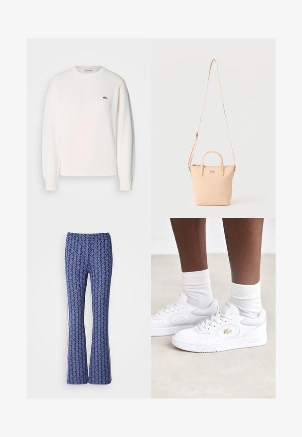 Hvid sweatshirt lavet af blødt stof, med rund halsudskæring, lange ærmer, ribbede manchetter og et lille grønt Lacoste-logo på brystet.; Blå mønstrede bukser med udvidet ben, der har et geometrisk design, elastisk talje og hvide striber på siderne. Glat tekstur hele vejen igennem.; Hvide lædersneakers fra Lacoste med perforerede sidepaneler, guld logoaccent og struktureret hvid gummisål. Sammen med hvide sokker.; Beige lille håndtaske med to korte håndtag, lang justerbar skulderrem og krokodillelogo på forsiden.