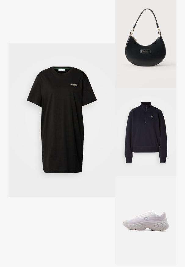 Sweatshirt bleu marine avec col haut et zip quart, doté de manches longues et d'un ourlet côtelé. Comprend un petit logo vert sur la poitrine.; Robe T-shirt noire à manches courtes avec col rond et petit logo Lacoste sur le côté gauche de la poitrine.; Baskets basses blanches avec semelle texturée et logo crocodile sur le côté, dessus en tissu lisse et fermeture à lacets, vues du côté gauche.; Sac à main noir en forme de croissant avec ferrures dorées, fermeture éclair sur le dessus, poignée courte, et plaque logo "LACOSTE" centrée à l'avant.