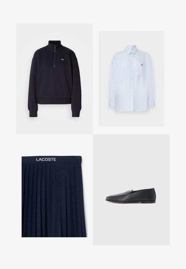 Marineblå sweatshirt med høj krave og lynlås i kvart længde, med lange ærmer og ribbet kant. Inkluderer et lille grønt logo på brystet.; Lyseblå skjorte med lange ærmer og knapper, med brystlomme og lille grønt krokodillelogo på lommen.; Marinblå plisseret nederdel med elastisk talje og hvid "LACOSTE" logo. Blød stofstruktur med lodrette plisseringer for bevægelse.; Sorte læderloafers med en glat tekstur, rundet tå og subtile syningsdetaljer. Har en guldfarvet logoaccent på oversiden.