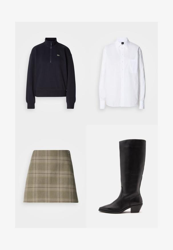 Sweatshirt bleu marine avec col haut et zip quart, doté de manches longues et d'un ourlet côtelé. Comprend un petit logo vert sur la poitrine.; Chemise blanche à boutons, en coton, avec un col classique, des manches longues, une poche poitrine et une texture lisse et structurée.; Jupe mini à carreaux en vert olive et beige, avec un design droit, une texture subtile et un petit logo près de la taille.; Botte en cuir noire mi-mollet avec un bout pointu et un talon bas incliné sur un fond clair uni.