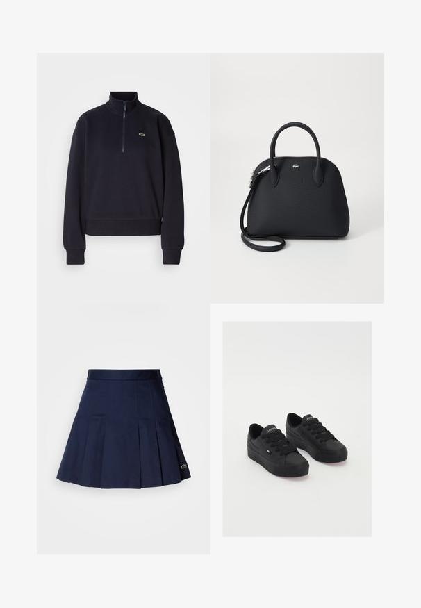 Marineblå sweatshirt med høj krave og lynlås i kvart længde, med lange ærmer og ribbet kant. Inkluderer et lille grønt logo på brystet.; Mørkeblå plisseret nederdel med en tætsiddende talje, lavet af et glat stof. Har et lille Lacoste-logo i kanten.; Sorte lavtop sneakers lavet af glat materiale, med tykke snørebånd, en struktureret sål og et lille logo på siden og tungen.; Sort håndtaske lavet af tekstureret materiale, med to top håndtag og en aftagelig skulderrem, prydet med et sølv logo.
