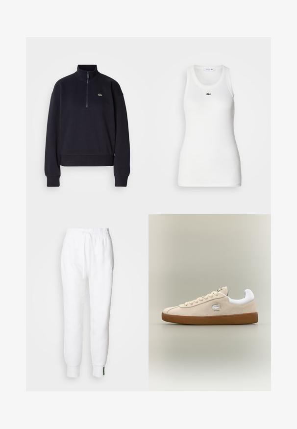 Marineblauwe sweatshirt met een hoge kraag en kwart-rits, voorzien van lange mouwen en een ribbelzoom. Inclusief een klein groen logo op de borst.; Witte mouwloze tanktop met een ronde hals en geribbelde textuur. Heeft een klein groen Lacoste krokodillogo op de borst.; Witte joggingbroek met een elastische tailleband en trekkoord, voorzien van zijzakken en geribbelde boorden. Zacht materiaal met geborduurde logodetails.; Beige suède sneaker met witte accenten en rubberen zool. Beschikt over een verhoogd logo aan de zijkant en contrasterende beige veters. Klassiek ontwerp.