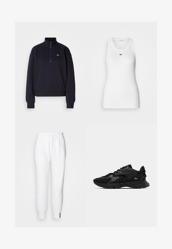 Marineblå sweatshirt med høj krave og lynlås i kvart længde, med lange ærmer og ribbet kant. Inkluderer et lille grønt logo på brystet.; Hvid ærmeløs tanktop med rund halsudskæring og ribbet tekstur. Har et lille grønt Lacoste krokodillelogo på brystet.; Hvide joggerbukser med elastisk talje og snøre, der har sidelommer og ribbet manchetter. Blødt stof med broderet logodetalje.; Sort atletisk sneakers med mesh og syntetiske materialer, strukturerede detaljer, snørebånddesign og fremtrædende logo på siden.