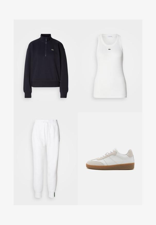Sweatshirt bleu marine avec col haut et zip quart, doté de manches longues et d'un ourlet côtelé. Comprend un petit logo vert sur la poitrine.; Débardeur blanc sans manches avec un col rond et une texture côtelée. Présente un petit logo crocodile vert de Lacoste sur la poitrine.; Pantalon de jogging blanc avec taille élastique et cordon de serrage, comportant des poches latérales et des poignets côtelés. Tissu doux avec un détail de logo brodé.; Baskets en cuir blanc avec des accents en suède beige, languette texturée et semelle en caoutchouc. Elles sont dotées de lacets blancs et de détails couture subtils.
