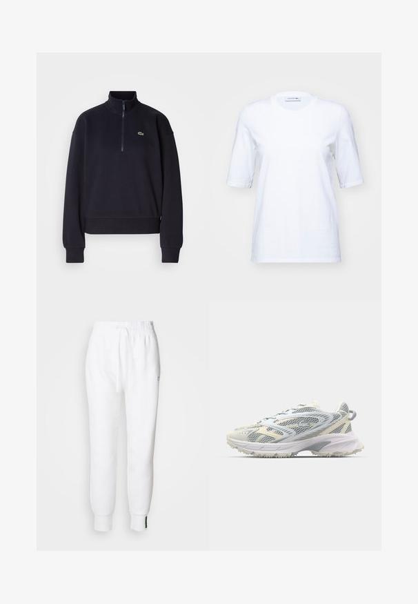 Marineblauwe sweatshirt met een hoge kraag en kwart-rits, voorzien van lange mouwen en een ribbelzoom. Inclusief een klein groen logo op de borst.; Witte katoenen T-shirt met korte mouwen, ronde halslijn en een subtiele geborduurde logo op de borst. Vlotte textuur, klassieke pasvorm.; Witte joggingbroek met een elastische tailleband en trekkoord, voorzien van zijzakken en geribbelde boorden. Zacht materiaal met geborduurde logodetails.; Athletische schoen van mesh in grijs en crème, met een gestructureerd bovenwerk, versterkte neus en een lichtgekleurde, robuuste buitenzool voor grip.