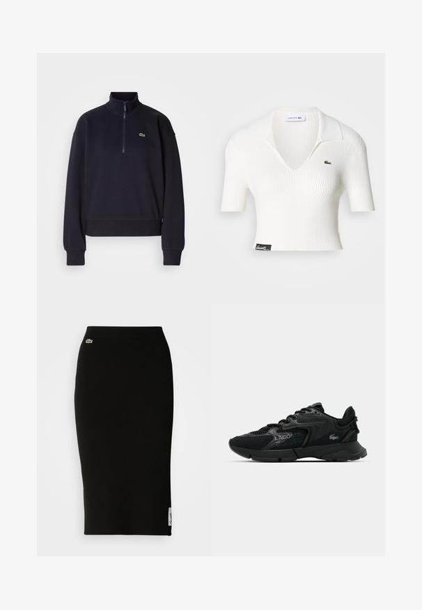 Marineblå sweatshirt med høj krave og lynlås i kvart længde, med lange ærmer og ribbet kant. Inkluderer et lille grønt logo på brystet.; Hvid ribbet cropped polo skjorte med V-udskæring, korte ærmer og et grønt Lacoste krokodillelogo på venstre bryst. Sort mærke ved kanten.; Sort, ribbet strikket midiskørt med en tætsiddende silhuet. Lille Lacoste-logo detalje på livet, med en glat tekstur.; Sort atletisk sneakers med mesh og syntetiske materialer, strukturerede detaljer, snørebånddesign og fremtrædende logo på siden.