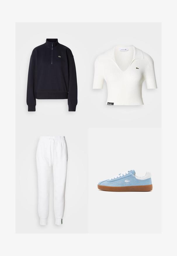 Sudadera azul marino con cuello alto y cremallera de cuarto, presenta mangas largas y un dobladillo acanalado. Incluye un pequeño logotipo verde en el pecho.; Camisa polo corta de rayas blanca con cuello en V, mangas cortas y un logo de cocodrilo verde de Lacoste en el lado izquierdo del pecho. Etiqueta negra en el dobladillo.; Pantalones jogger blancos con cintura elástica y cordón, que cuentan con bolsillos laterales y puños acanalados. Tela suave con detalle de logo bordado.; Zapatilla de ante azul claro con cordones y talón blancos, suela de goma beige y logo bordado en el costado. Diseño clásico de bota baja.