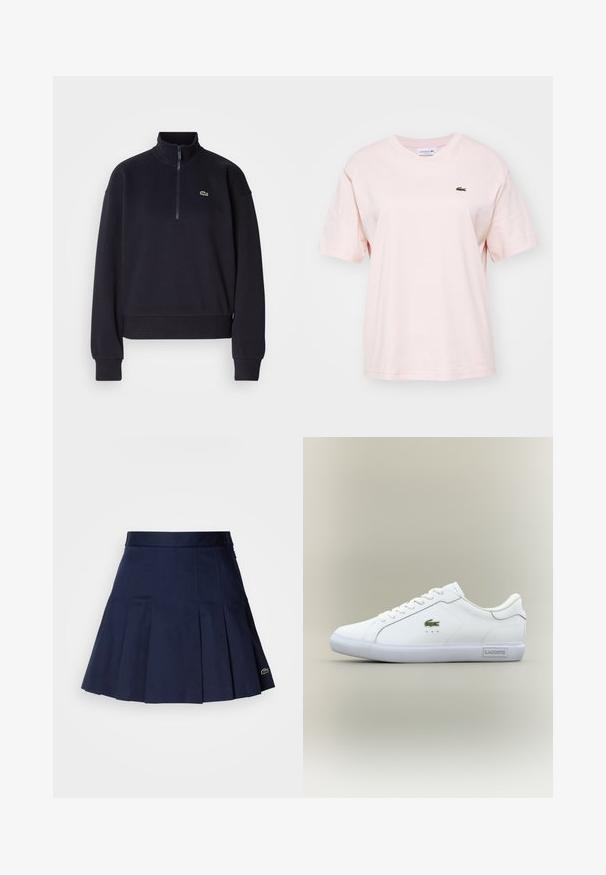 Marineblå sweatshirt med høj krave og lynlås i kvart længde, med lange ærmer og ribbet kant. Inkluderer et lille grønt logo på brystet.; Lyserød bomulds T-shirt med korte ærmer, rund halsudskæring og lille grøn Lacoste-logo på venstre bryst. Blød tekstur, afslappet pasform.; Mørkeblå plisseret nederdel med en tætsiddende talje, lavet af et glat stof. Har et lille Lacoste-logo i kanten.; Hvide sneakers med lav hæl og hvide snørebånd, grønt krokodille-logo på siden og "Lacoste" mærke på sålen mod en neutral baggrund.