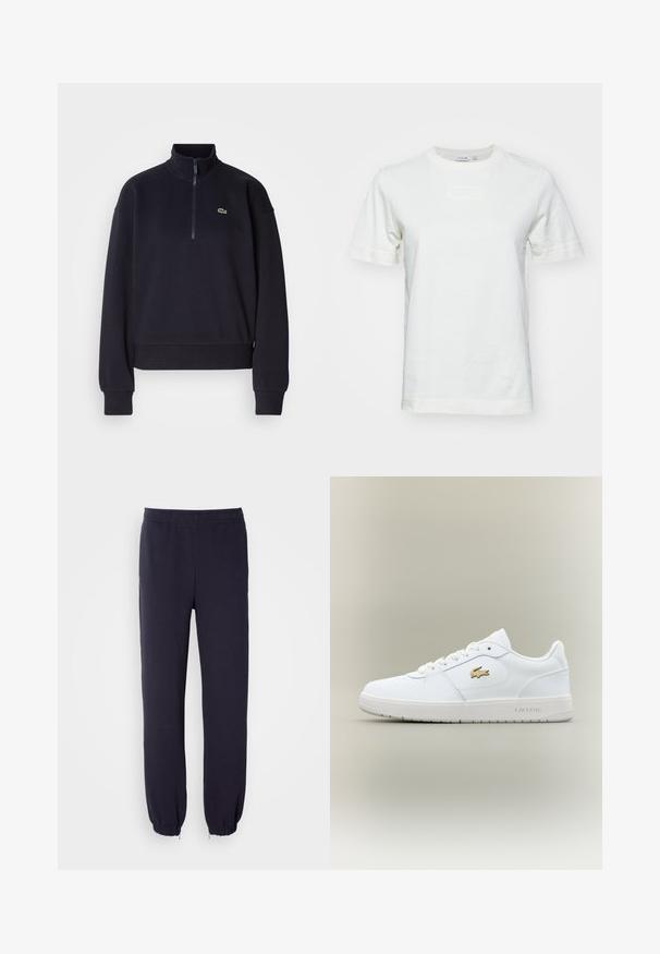 Sweatshirt bleu marine avec col haut et zip quart, doté de manches longues et d'un ourlet côtelé. Comprend un petit logo vert sur la poitrine.; T-shirt en coton blanc à manches courtes, col rond, avec un logo "LACOSTE" texturé sur le devant. Tissu lisse avec une coupe régulière.; Pantalons de survêtement navy avec une taille élastique et des ourlets resserrés. Fabriqués à partir d'un tissu doux avec une texture lisse, sans motifs ni embellissements visibles.; Baskets en cuir blanc avec un design basse, bout arrondi, fermeture à lacets et un accent du logo doré Lacoste sur le côté.