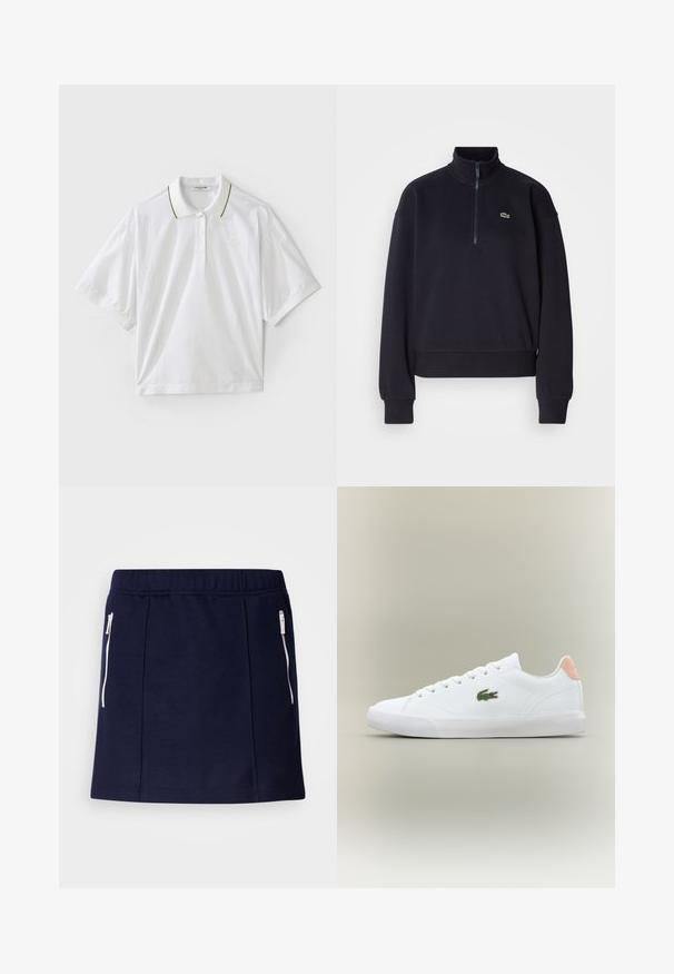 Marineblå sweatshirt med høj krave og lynlås i kvart længde, med lange ærmer og ribbet kant. Inkluderer et lille grønt logo på brystet.; Hvid polo skjorte med korte ærmer, med en knaplukning, grønne og gule krave accenter og mesh-detaljer i siderne. LACOSTE logo til stede.; Marineblå nederdel lavet af blødt stof, med hvide lynlåslommer, en tætsiddende design og en glat tekstur. Moderate længde til midten af låret.; Hvide snørebåndssneakers med glat læderoverflade, tekstureret tåhætte og grønne broderede logo; har en lyserød detalje på hælen.