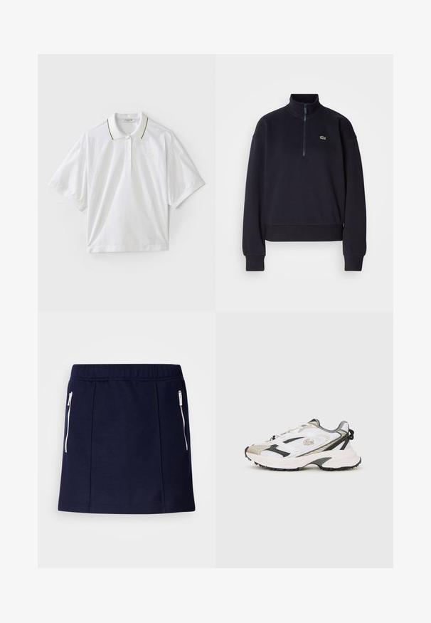 Marineblauwe sweatshirt met een hoge kraag en kwart-rits, voorzien van lange mouwen en een ribbelzoom. Inclusief een klein groen logo op de borst.; Witte polo met korte mouwen, voorzien van een knoopsluiting, groene en gele kraagaccenten en zijkanten van mesh. LACOSTE-logo aanwezig.; Marineblauwe rok van zachte stof, met witte ritszakken, een aansluitend ontwerp en een gladde textuur. Lengte tot halverwege de dij.; Witte en grijze sneakers met een bovenwerk van mesh, zwarte accenten en een gestructureerde zool. Voorzien van veters, merkdistinties en contrasterende ontwerpelementen.