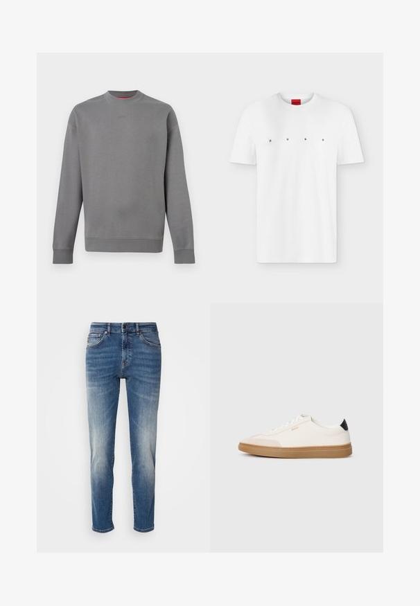 Grijze trui met lange mouwen en ronde hals, met geribbelde boorden en zoom, subtiel geperst "HUGO"-logo op de borst.; Wit T-shirt met korte mouwen en ronde hals, met zwarte letters met tussenruimte die HUGO op de borst spellen, en een rood label aan de binnenkant van de kraag.; Blauwe denim jeans met een recht model, lichte vervaging, klassieke vijf-pocketstijl en een ritssluiting met knoopsluiting.; Witte sneakers met beige accenten, bovenwerk van glad leer, ronde neus en rubberen gumzool, met een zwarte hieltab en subtiele branding.