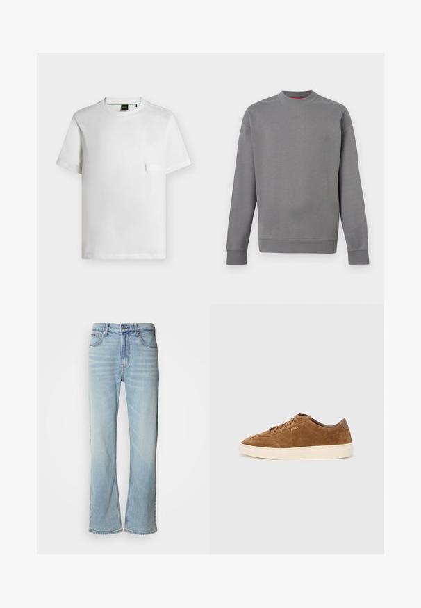 Sweat-shirt gris à manches longues avec col rond, poignets et ourlet côtelés, logo "HUGO" discrètement embossé sur la poitrine.; T-shirt blanc uni à manches courtes et col rond avec un petit patch rectangulaire sur la poitrine gauche et une étiquette noire à l'intérieur du col.; Jeans en denim bleu clair avec une coupe droite, dotés de cinq poches, d'une fermeture à bouton et d'une légère décoloration sur le tissu.; Baskets en daim marron avec bout rond, semelle en caoutchouc crème et lacets ton sur ton. Présentent un logo en relief sur le côté et un panneau arrière lisse.