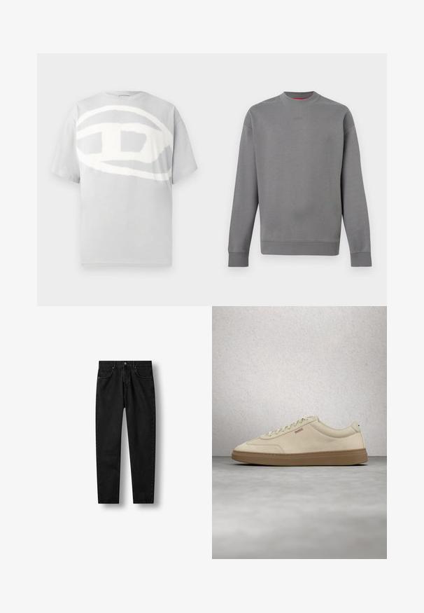 Sudadera gris de manga larga con cuello redondo, puños y dobladillo acanalados, con un sutil logo "HUGO" en relieve en el pecho.; Camiseta de algodón gris con un gran diseño abstracto de logo blanco en el frente. Mangas cortas y cuello redondo. Textura suave.; Vaqueros negros de mezclilla con piernas rectas, estilo de cinco bolsillos, cierre de botón y cremallera, mostrados extendidos sobre un fondo blanco.; Zapatilla de ante beige claro con suela de goma color caramelo, cordones prominentes y detalles de costura sutiles. Diseño limpio con una estética minimalista.