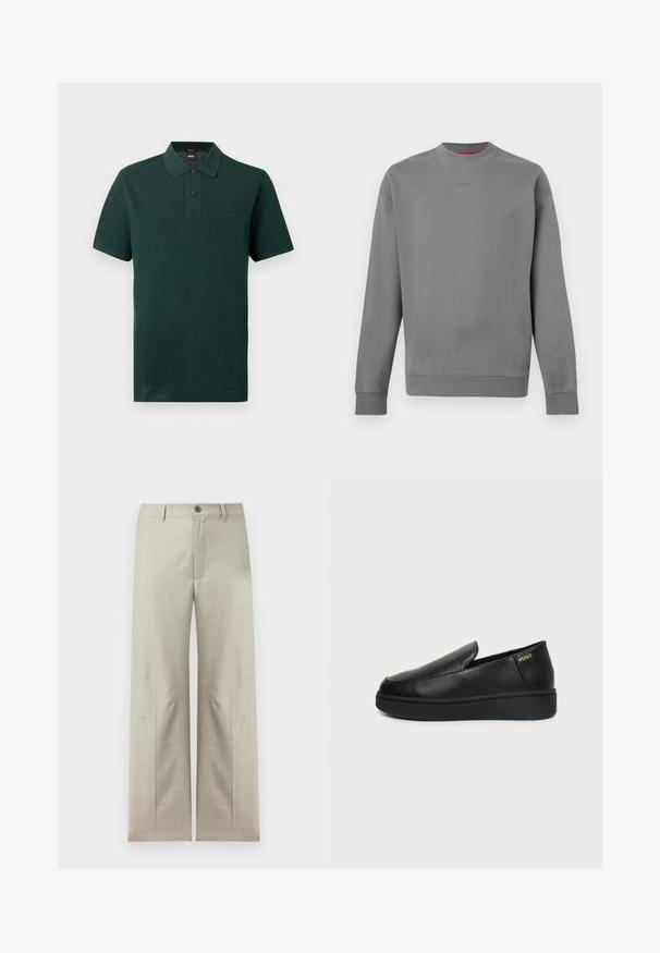 Sweat-shirt gris à manches longues avec col rond, poignets et ourlet côtelés, logo "HUGO" discrètement embossé sur la poitrine.; Polo vert foncé à manches courtes avec deux boutons noirs et petit logo "BOSS" brodé sur le côté gauche de la poitrine.; Pantalon formel beige clair à jambes droites, fermeture avec bouton et fermeture éclair, passants pour ceinture, présenté sur un fond blanc.; Chaussure noire en cuir à enfiler avec semelle épaisse et petits trous de ventilation latéraux, avec un logo doré "HUGO" près du talon.