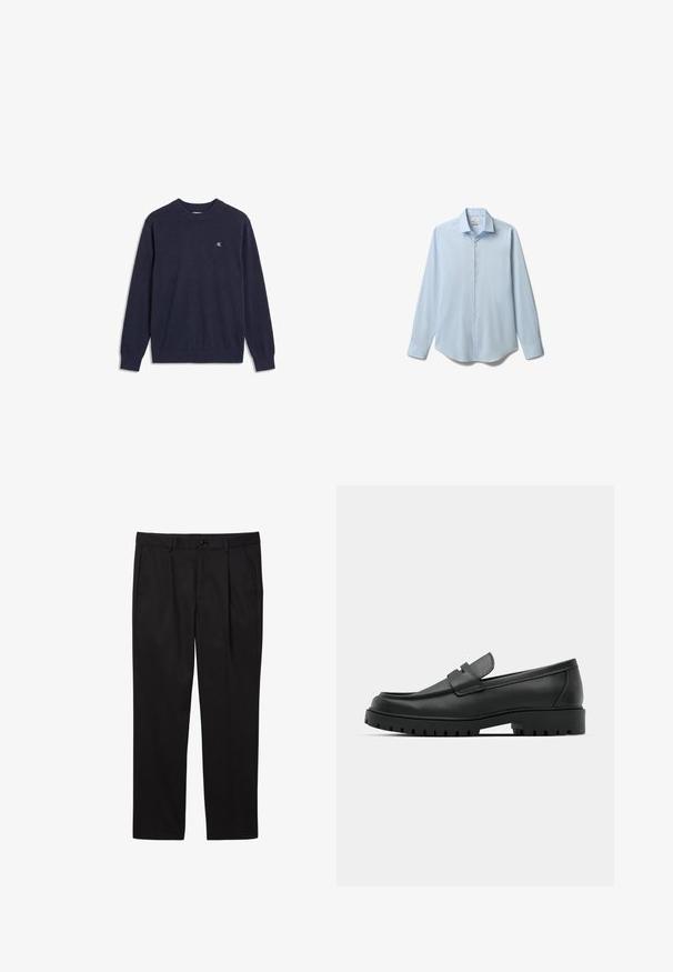 Pull bleu marine à manches longues avec poignets et ourlet côtelés, col rond, et petit logo blanc "CK" sur la poitrine gauche.; Chemise habillée bleu clair à manches longues, boutonnée sur le devant, avec col pointu, présentée à plat sur fond blanc.; Pantalons formels noirs pour hommes avec poches avant, passants pour ceinture, fermeture par bouton et coupe droite.; Mocassins en cuir noir à bout arrondi, avec un design cousu, une semelle plateforme basse et une semelle en caoutchouc texturée et crantée.