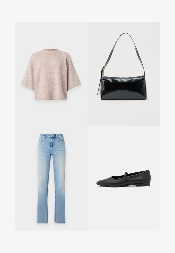 Lys beige strikket sweater med brede korte ærmer og høj rund halsudskæring, vist på en ensfarvet baggrund.; Lyseblå denimjeans med høj talje, lige ben og subtilt slid. Har fem lommer og bæltestropper.; Sorte ballet flade lavet af glatmælket læder, med en rund tå, et lille bånd henover toppen, og et minimalistisk design.; Sort rektangulær skuldertaske med en enkelt justerbar rem og lynlås i toppen på en ensfarvet baggrund.