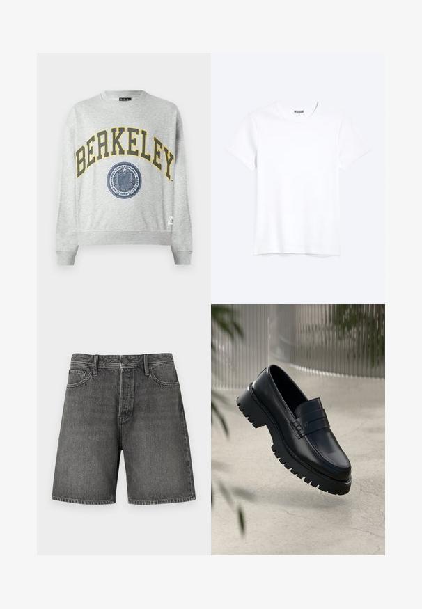 Grå sweatshirt med et gult "BERKELEY" print og et blåt segl grafik. Ribbet manchetter og kant, med et mærke på venstre nedre side.; Enkelt hvid T-shirt med korte ærmer og rund hals med synligt WEEKDAY-mærke i kraven, vist på en lys baggrund.; Mørkegrå denimshorts med et klassisk fem-lomme design, knap- og lynlåslukning, lige pasform og en let falmet struktur over det hele.; Sorte læder loafers med en chunky sål, der har en dekorativ rem og syninger. Glat tekstur med en poleret overflade.