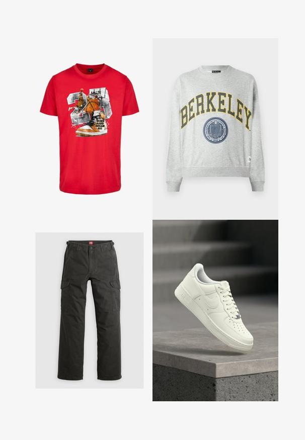 Grå sweatshirt med et gult "BERKELEY" print og et blåt segl grafik. Ribbet manchetter og kant, med et mærke på venstre nedre side.; Rød bomulds T-shirt med et grafisk motiv af en basketball, en sneaker og teksten "ARBEJD HÅRD DRØM STORT." Designet indeholder sorte og orange detaljer.; Mørkegrå cargo-bukser lavet af slidstærkt bomuldsstof, med sidelommer, en afslappet pasform og en knaplukning i taljen.; Hvid lædersneaker med lavprofildesign, tekstureret overflade, perforeringer på tåen og sølvfarvede detaljer på snørebånd og mærkning.