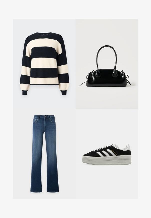 Gestreifter Pullover mit breiten navyblauen und cremefarbenen Horizontalstreifen. Rippkragen und -bündchen mit lockerer Passform. Weiche Textur.; Blaue High-Waist-Jeans mit geradem Bein, Knopf- und Reißverschluss, Vorder- und Gesäßtaschen, auf schlichtem, hellem Hintergrund dargestellt.; Schwarze Wildleder-Sneaker mit weißen Lederakzenten, drei weißen Streifen, flachen Schnürsenkeln und einer dicken grauen Plateausohle. Goldenes "Gazelle"-Branding.; Kleine schwarze glänzende Handtasche mit zwei langen Griffen und seitlichen Kordelzug-Details vor einfachem hellem Hintergrund.