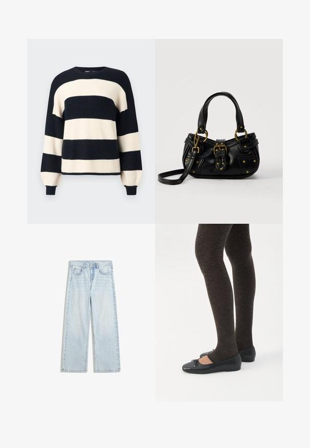 Stribet sweater med brede horisontale striber i marineblå og cremefarve. Ribbet halsudskæring og manchetter med en afslappet pasform. Blød tekstur.; Lyseblå vidde jeans lavet af denim, med knaplukning og dekorative nitter langs sidesømmene.; Ben iført mørke ribbede leggings kombineret med sorte balletsko med små sløjfedetaljer på hvid baggrund.; Sort læderhåndtaske med guldbælge og nitdetaljer, korte håndtag og en justerbar skulderrem på en ensfarvet hvid baggrund.
