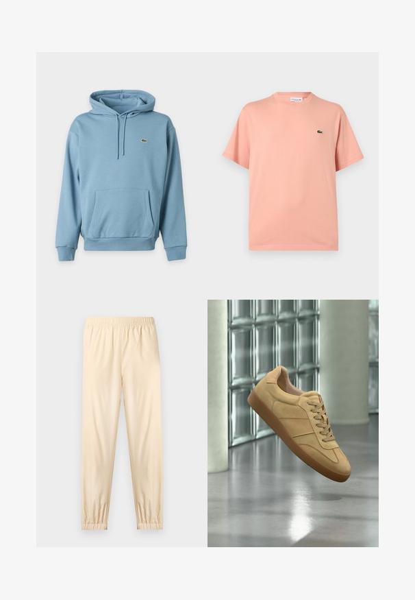 Sweat à capuche bleu clair avec poche kangourou devant, capuche à cordon, poignets côtelés et petit logo crocodile vert sur la poitrine gauche.; T-shirt Lacoste rose clair à manches courtes, col rond, avec petit logo crocodile vert sur la poitrine gauche.; Pantalon beige clair à taille élastique avec poignets froncés, coupe droite et tissu lisse, présenté sur un fond clair uni.; Baskets beiges en daim avec semelle en gomme, design à lacets, flottant à l'intérieur sur un sol en béton poli près d'un mur en blocs de verre.