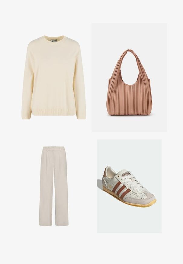 Pull tricoté de couleur crème avec un col rond, des poignets et un ourlet côtelés, caractérisé par une coupe décontractée et une texture douce.; Pantalon large beige clair à taille haute, avec deux plis à l'avant, passants pour ceinture et texture lisse.; Baskets en cuir blanc avec des rayures marron, des accents en suède beige, des perforations sur l'orteil et une semelle en caoutchouc naturel. Détail de logo doré sur le côté.; Sac à main plissé rose clair avec une ouverture arrondie et deux poignées allongées, fabriqué dans un matériau souple et texturé, améliorant son design flexible.