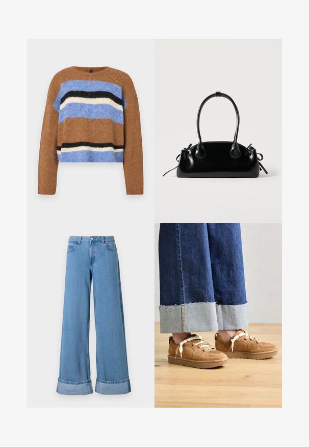 Pull en maille marron avec un col rond, présentant des rayures horizontales en bleu clair, noir et blanc. Texture douce, coupe décontractée, ourlet côtelé.; Jean en denim bleu clair à jambes larges avec une taille haute, des poignets roulés, un design à cinq poches et une fermeture à bouton avec un zip.; Pieds portant des baskets en daim beige avec de larges lacets crème, associées à un jean bleu large avec revers, debout sur un sol en bois.; Petit sac à main noir brillant avec deux longues anses et des détails à cordon sur les côtés sur un fond clair uni.