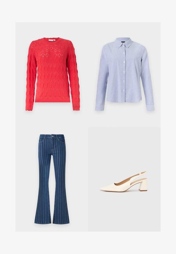 Pull en maille rouge à manches longues avec col rond et motif ajouré oval texturé sur toute la surface.; Chemise à manches longues boutonnée, avec des rayures verticales blanches et bleu clair et un col pointu, présentée sur un fond uni.; Jean en denim bleu évasé avec des rayures verticales blanches, une fermeture éclair à l'avant et des poches. Le tissu a un aspect légèrement texturé.; Escarpin slingback en cuir verni crème brillant, avec un bout pointu et un talon carré épais pour la stabilité. Design minimaliste, sans ornements.