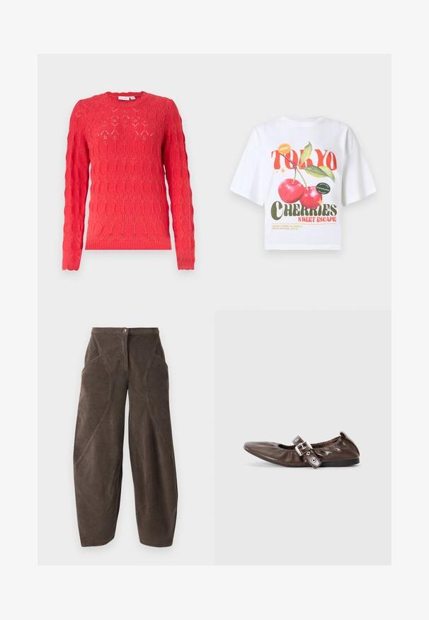 Rød strikket trøje med lange ærmer, rund hals og tekstureret ovalmønstret hulmønster over det hele.; Hvid bomuld t-shirt med korte ærmer, med et grafisk tryk af røde kirsebær og teksten "TOKYO CHERRIES SWEET ESCAPE" i stærke farver.; Brune bredbenede fløjlsbukser med høj talje, frontknaplukning og skrå sømdetaljer på benene.; Brun lakeret flad sko med spids tå, elastisk sløjfedetalje og en sølvspændeaccent på siden. Sort gummisål.