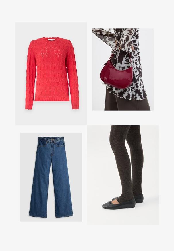 Pull en maille rouge à manches longues avec col rond et motif ajouré oval texturé sur toute la surface.; Jeans en denim bleu à jambes larges avec une taille haute, présentant un design classique à cinq poches et une ceinture texturée.; Jambes portant des leggings côtelés foncés associés à des ballerines noires avec de petits détails en nœud sur fond blanc.; Femme portant un chemisier à motif noir et blanc tenant un sac à main rouge brillant sur un fond uni.