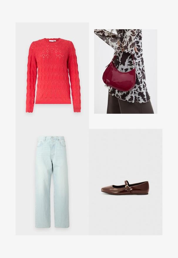Pull en maille rouge à manches longues avec col rond et motif ajouré oval texturé sur toute la surface.; Jean large en denim bleu clair à taille haute, doté de cinq poches, d'une fermeture par bouton et d'un léger délavage.; Ballerine en cuir verni marron avec un bout carré et une lanière ornée d'une petite boucle dorée. Texture lisse, talon bas et design minimaliste.; Femme portant un chemisier à motif noir et blanc tenant un sac à main rouge brillant sur un fond uni.
