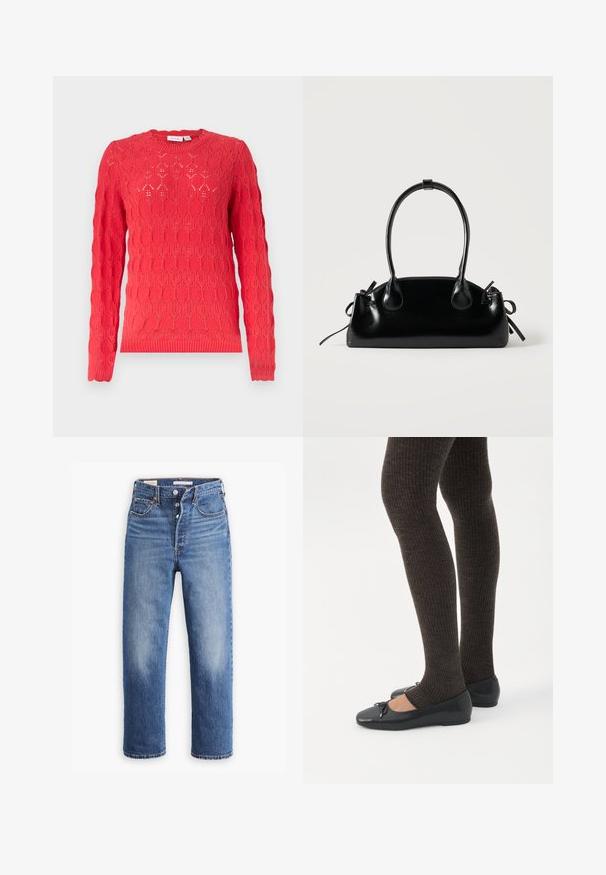 Pull en maille rouge à manches longues avec col rond et motif ajouré oval texturé sur toute la surface.; Jean en denim bleu avec une taille haute, une coupe droite et des zones décolorées. Comprend des poches avant et des accessoires métalliques.; Jambes portant des leggings côtelés foncés associés à des ballerines noires avec de petits détails en nœud sur fond blanc.; Petit sac à main noir brillant avec deux longues anses et des détails à cordon sur les côtés sur un fond clair uni.
